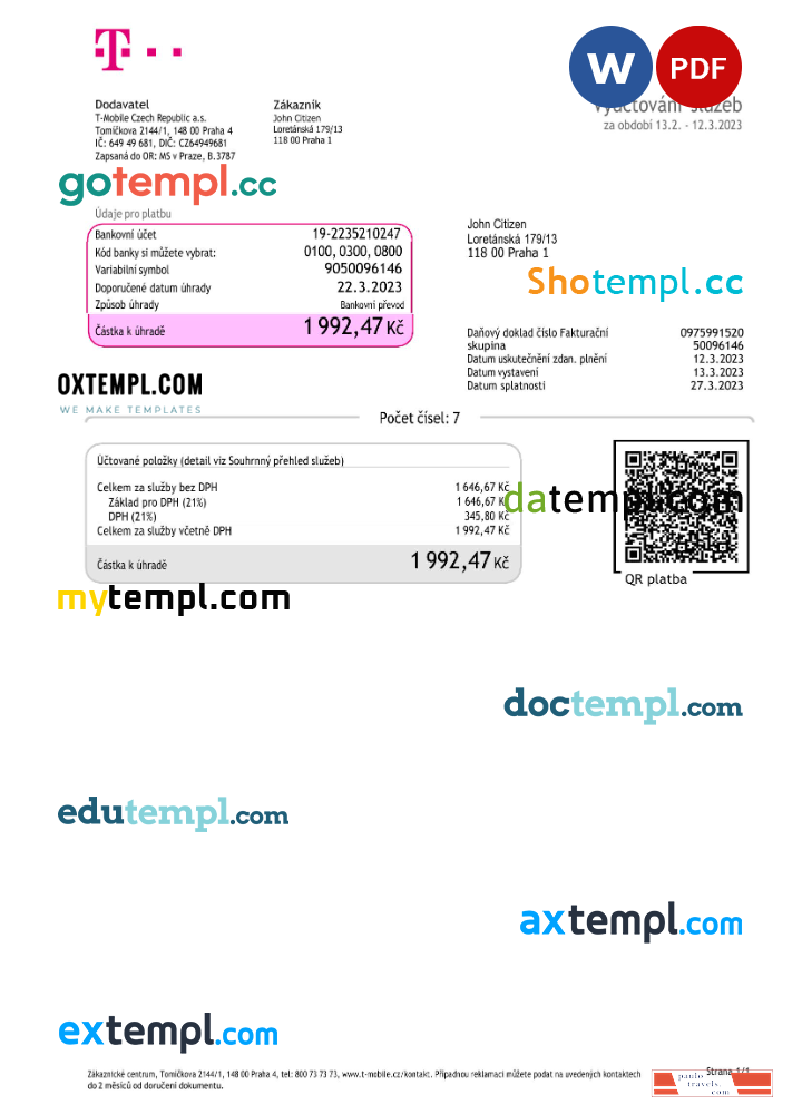 Czech Republic T Mobile utility bill Word and PDF template (2) ka